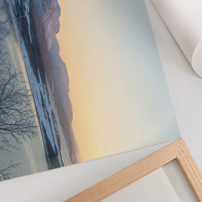 Decorative canvas print Winter landscape of mountains, water, trees at dusk