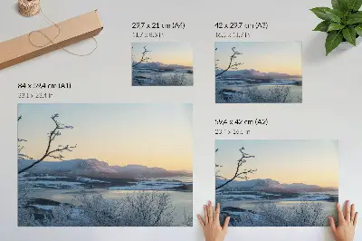Decorative canvas print winter landscape of mountains, water, and trees at dusk