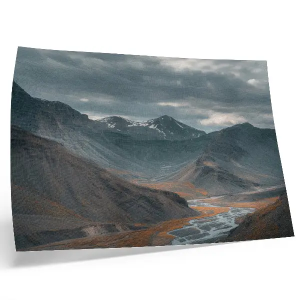 Decorative canvas print moody mountains with orange streams and dramatic clouds