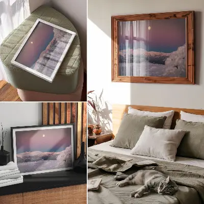 Snow-capped mountains pastel pink moon poster 