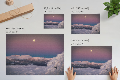 Poster Snow-capped mountains pastel pink moon