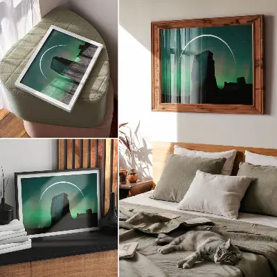 Photo canvas night sky rock in green tones with a cosmic atmosphere