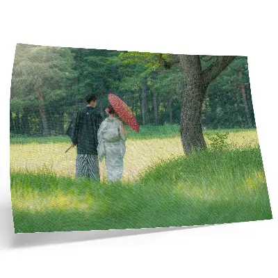 Poster traditional clothes, umbrella, and green meadow with trees