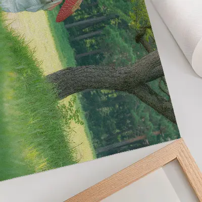 Poster traditional clothes, umbrella, and green meadow with trees