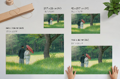Poster Traditional clothes umbrella green meadow trees