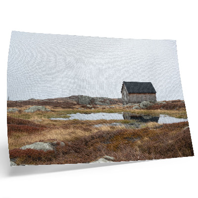 Photo canvas Wooden cottage, heathland, calm water