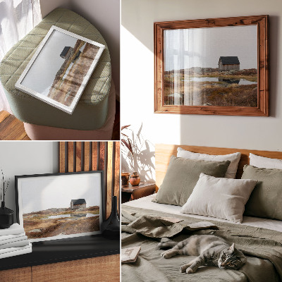 Photo canvas Wooden cottage, heathland, calm water
