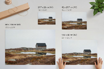 Photo canvas Wooden cottage, heathland, calm water