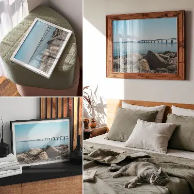 Decorative canvas print bridge over blue water with stones on the shore