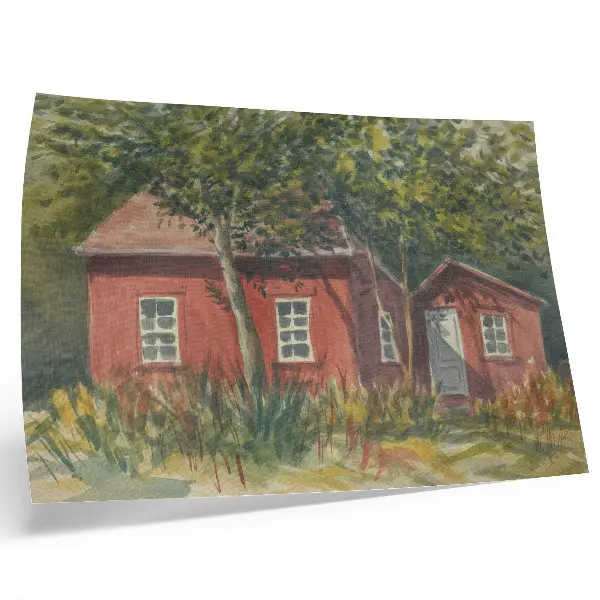 Poster wooden house surrounded by lush green trees in an idyllic landscape