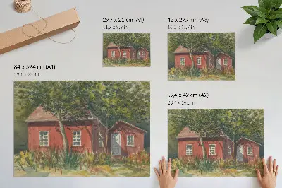 Poster wooden house surrounded by lush green trees in an idyllic landscape