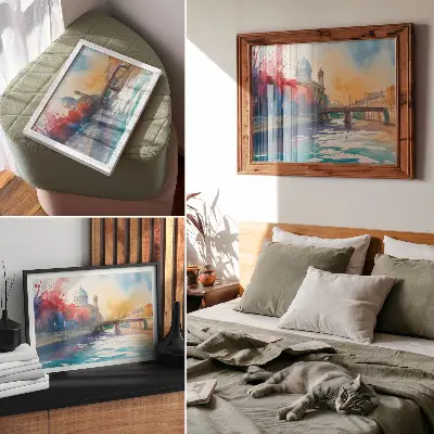 Decorative canvas print urban watercolor bridge with dome and water reflections