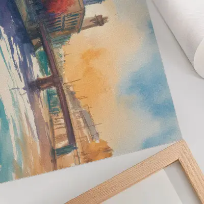 Decorative canvas print urban watercolor bridge with dome and water reflections