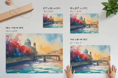 Decorative canvas print urban watercolor bridge with dome and water reflections