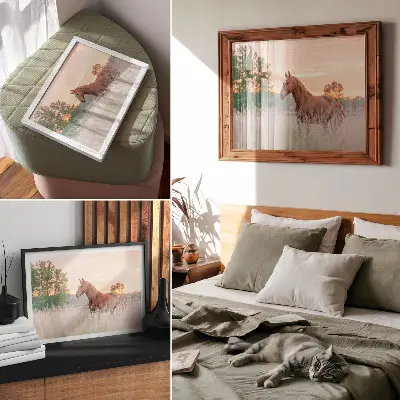 Horse in the meadow poster morning scene in pastel colors for relaxation