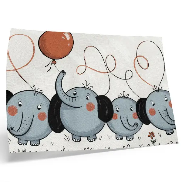 Elephant poster with balloons featuring themes of cleanliness, fun, and joy