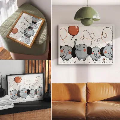 Elephant poster with balloons featuring themes of cleanliness, fun, and joy