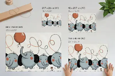 Elephant poster with balloons featuring themes of cleanliness, fun, and joy