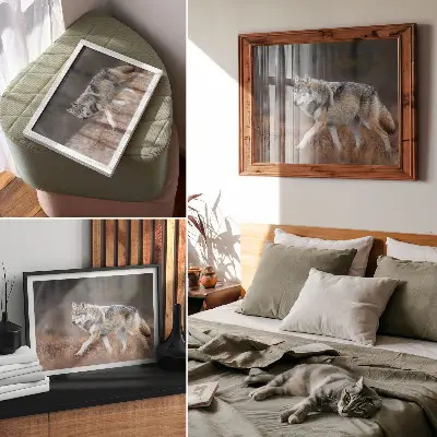 Decorative canvas print featuring a wolf in motion within a wild landscape
