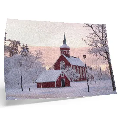 Photo canvas red chapel with snowy trees and a pastel sky