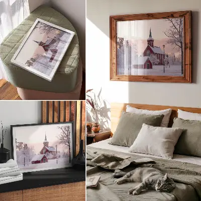 Photo canvas red chapel with snowy trees and a pastel sky