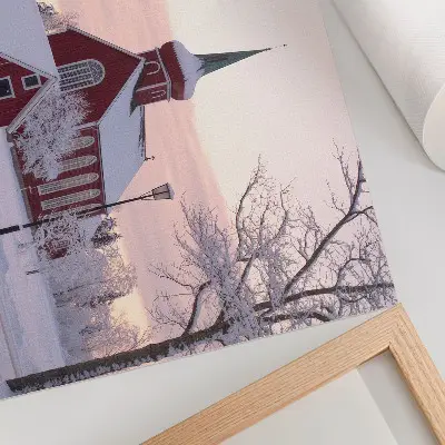 Photo canvas red chapel with snowy trees and a pastel sky