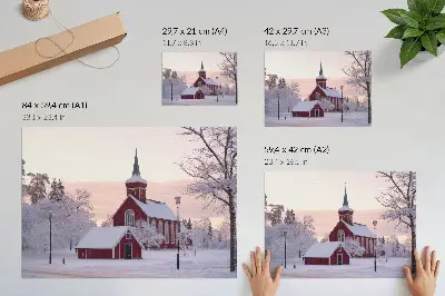 Photo canvas red chapel with snowy trees and a pastel sky