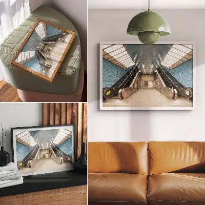 Decorative canvas print blue tiles with modern symmetrical stairs design