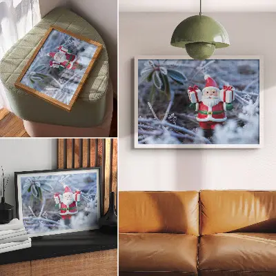 Decorative canvas print featuring Santa Claus with gifts in a winter setting