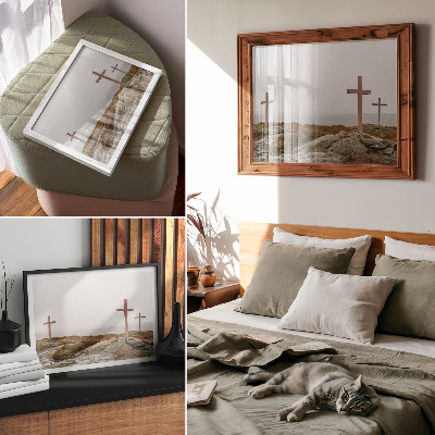 Poster Three wooden crosses misty hill nature