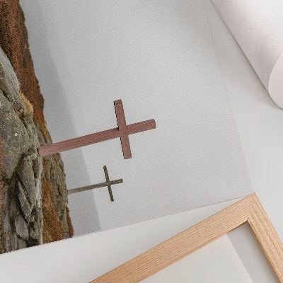 Poster Three wooden crosses misty hill nature