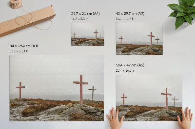 Poster Three wooden crosses misty hill nature
