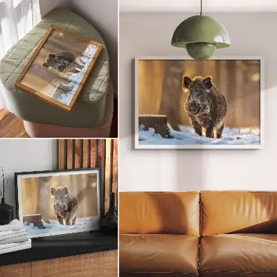 Decorative canvas print a wild boar in a winter forest with sunlight