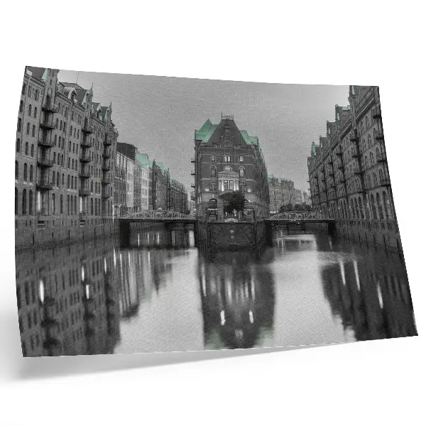 Poster canal with industrial buildings and reflections in the water
