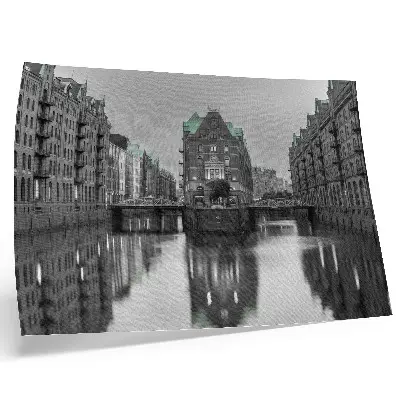 Poster canal with industrial buildings and reflections in the water