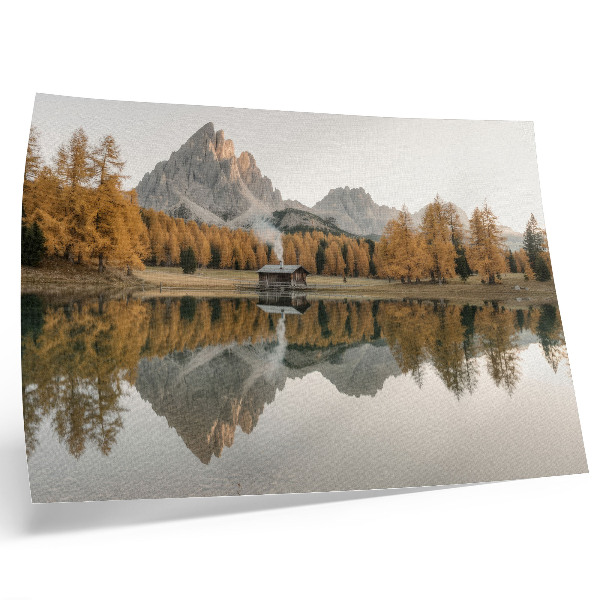 Decorative canvas print Mountains, reflection, cottage, golden trees, calm lake