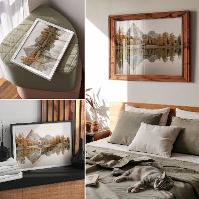 Decorative canvas print Mountains, reflection, cottage, golden trees, calm lake