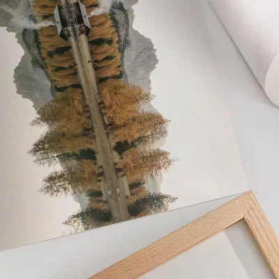 Decorative canvas print mountains with a reflection of a cottage and golden trees by a calm lake
