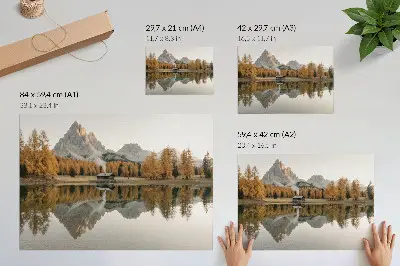 Decorative canvas print mountains with a reflection of a cottage and golden trees by a calm lake
