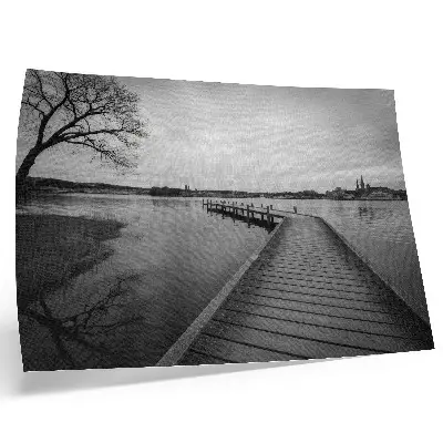 Decorative canvas print black and white landscape of a wooden pier on a calm lake