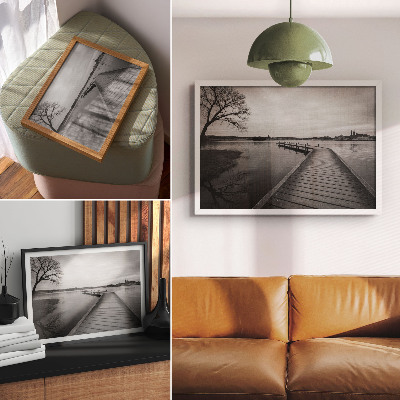 Decorative canvas print Black and white landscape wooden pier calm lake