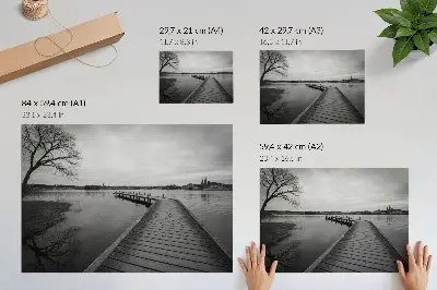 Decorative canvas print black and white landscape of a wooden pier on a calm lake