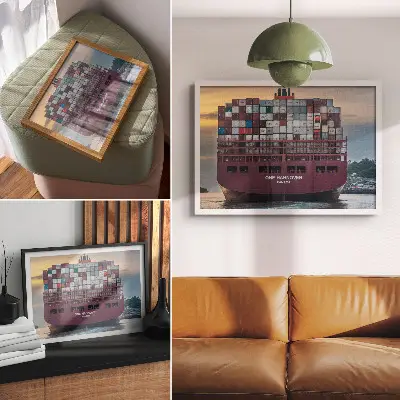 Container ship poster a container ship packed with colorful containers on the water