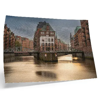 Poster atmospheric architecture featuring a bridge over calm water at evening
