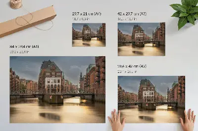 Poster atmospheric architecture featuring a bridge over calm water at evening