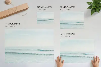 Decorative canvas print featuring a minimalist ocean waves surfer design