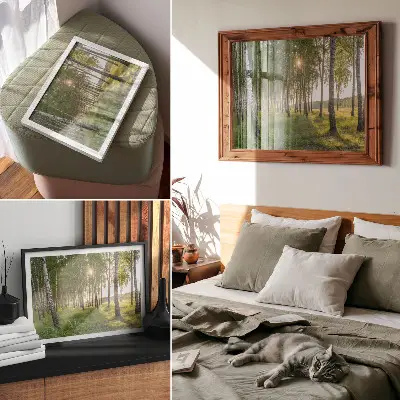 Decorative canvas print featuring a symmetrical birch forest with sun rays in green