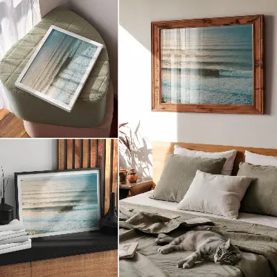 Poster ocean waves with a calm horizon and surfers