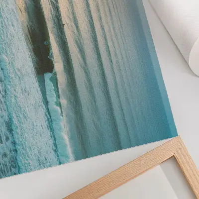 Poster ocean waves with a calm horizon and surfers