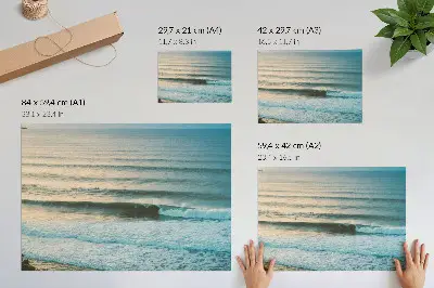 Poster ocean waves with a calm horizon and surfers